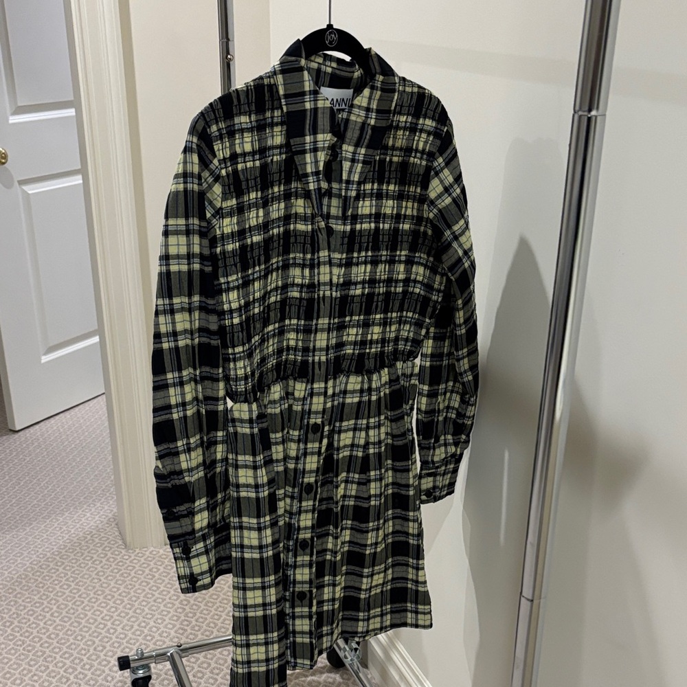 Ganni Black and Yellow Checkered Shirt dress